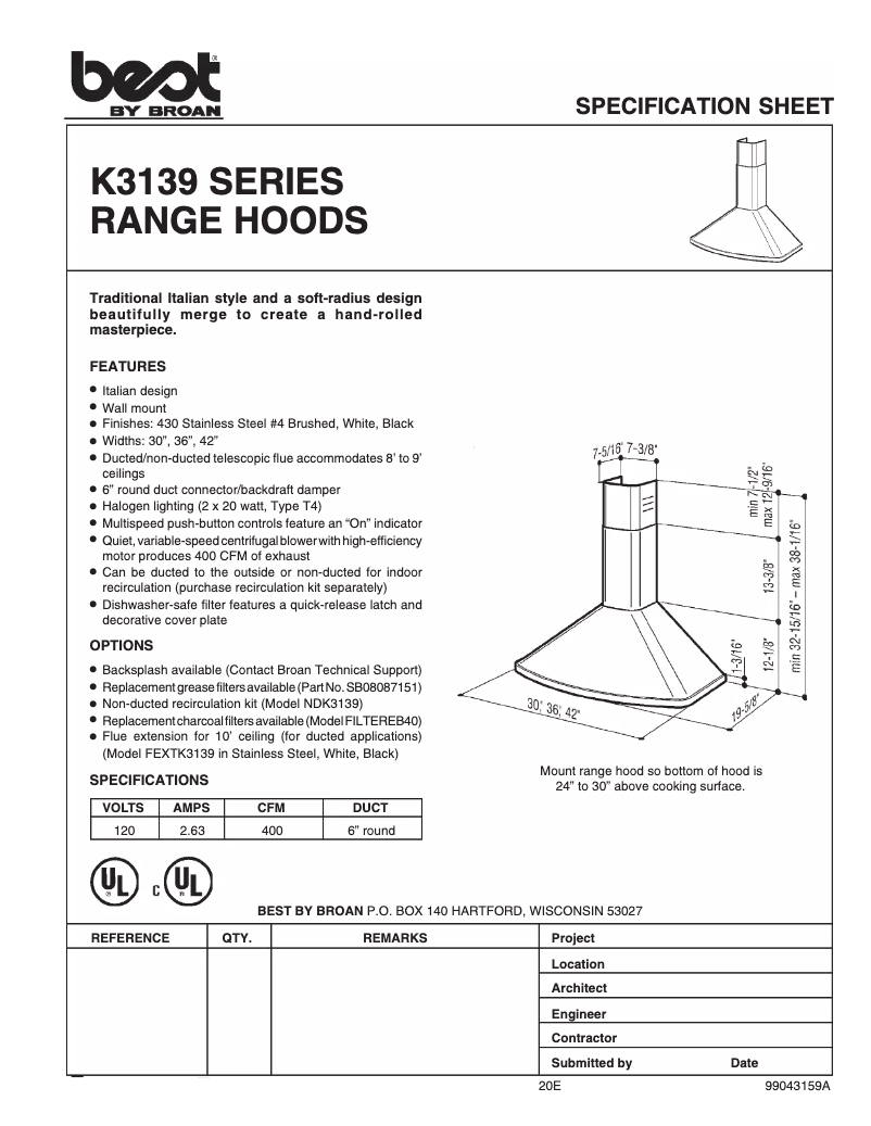 Página 1 del manual Ficha técnica Best K313930SS