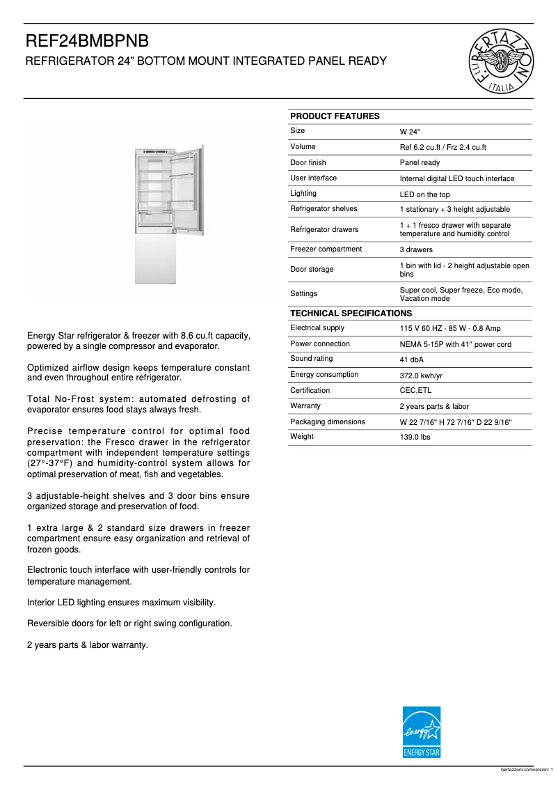 Page 1 de la notice Fiche technique Bertazzoni REF24BMBPNB