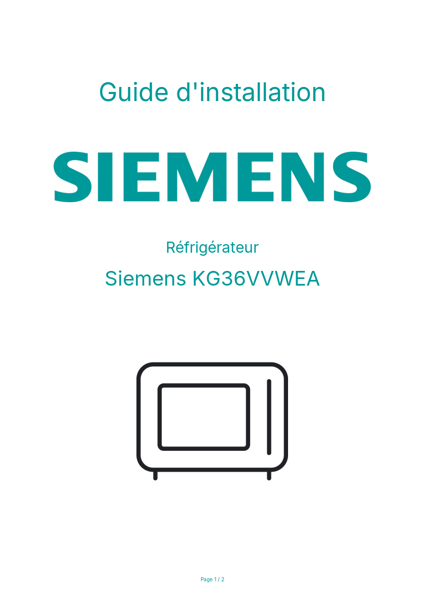 Page n°1 - Guide d'installation Siemens KG36VVWEA
