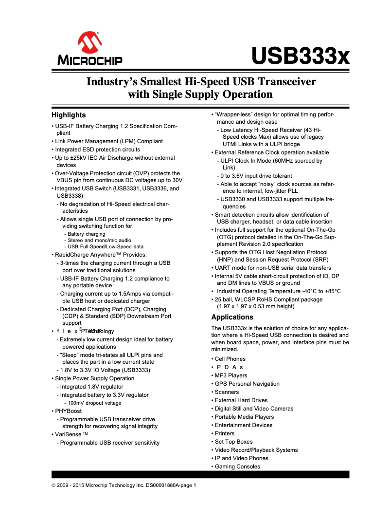 Page 1 de la notice Fiche technique Microchip USB3338