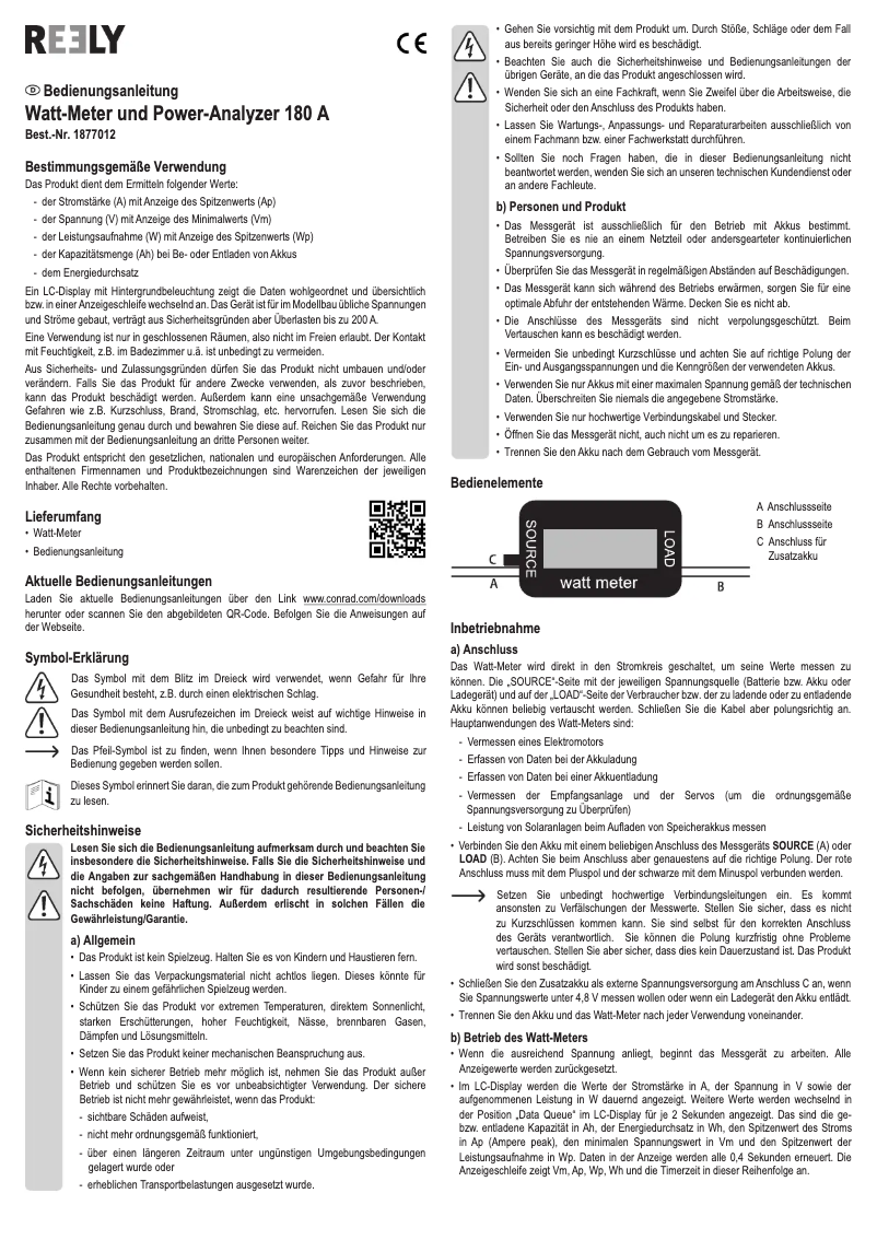 Page 1 de la notice Manuel utilisateur Reely 180 A