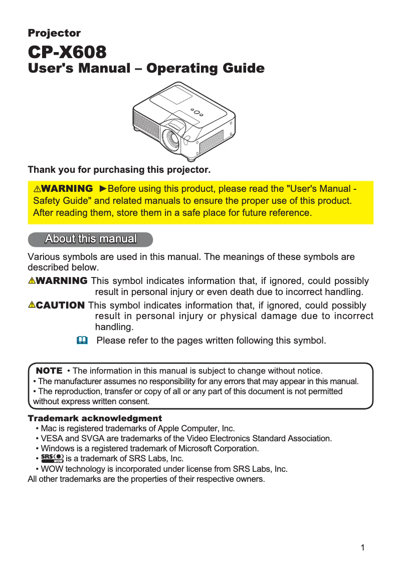 Page n°1 - Manuel utilisateur Hitachi CP-X608