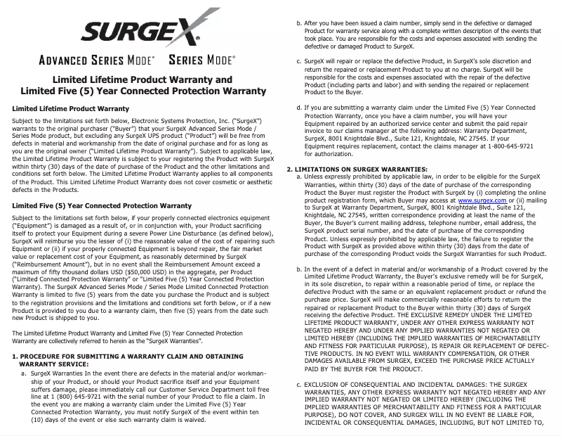 Page 1 de la notice Informations de garantie SurgeX SA-1810