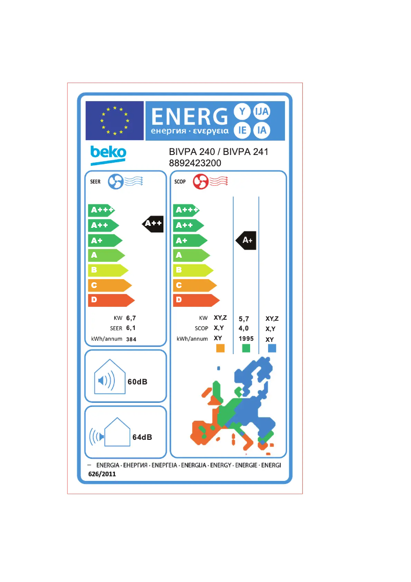 Page 1 de la notice Label énergétique Beko BIVPA 240