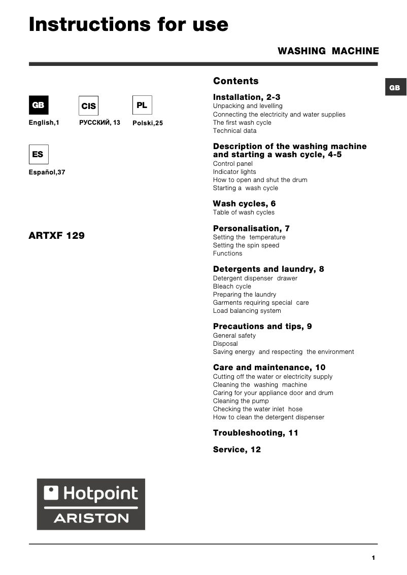 Page 1 de la notice Manuel utilisateur Hotpoint Ariston ARTXF 129 (EU)