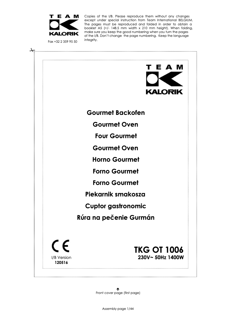 Page 1 de la notice Manuel utilisateur Kalorik TKG OT 1006