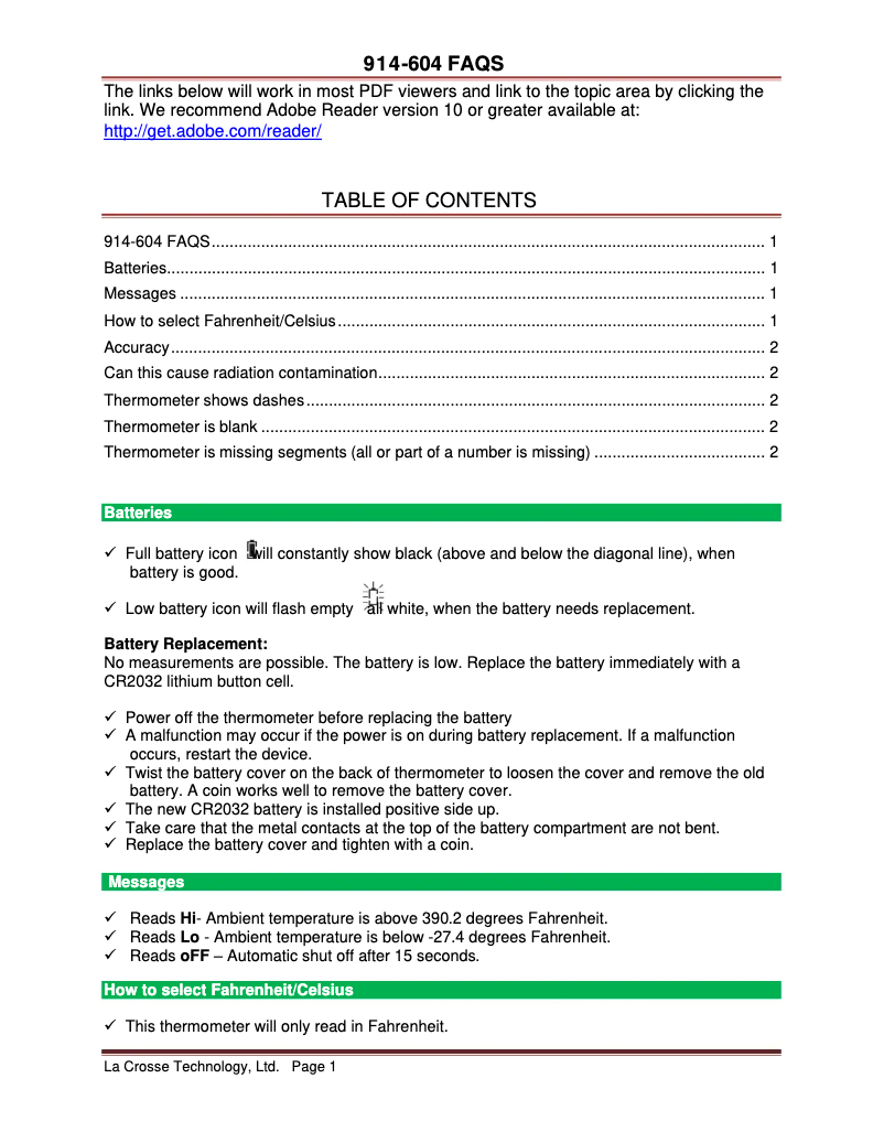 Page n°1 - FAQ La Crosse Technology 914-604