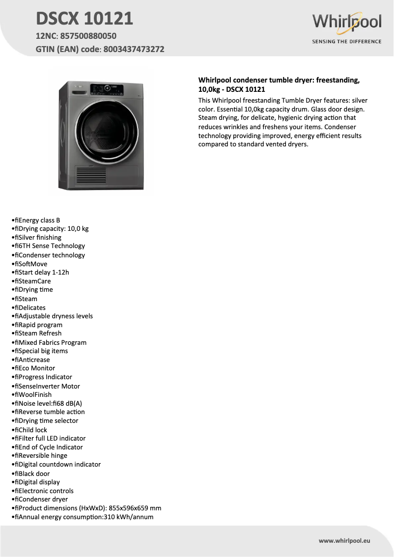 Página 1 del manual Ficha técnica Whirlpool DSCX 10121