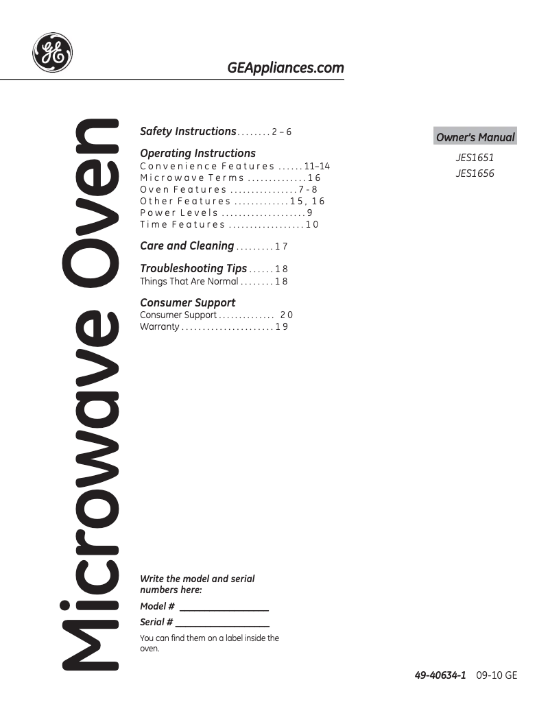 Page 1 de la notice Manuel utilisateur GE JES1656
