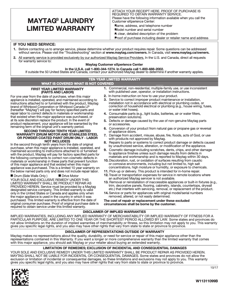 Page 1 de la notice Informations de garantie Maytag MGDP576KW