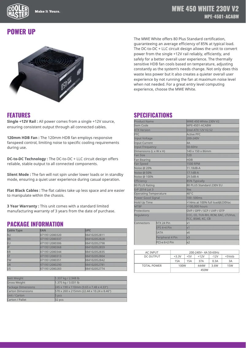 Page n°1 - Fiche technique Cooler Master MWE White 450