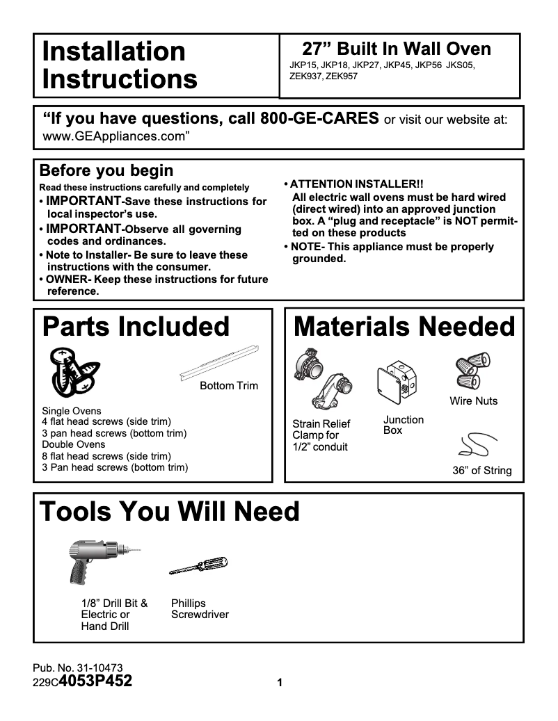 Page n°1 - Guide d'installation GE JKS05BDBB