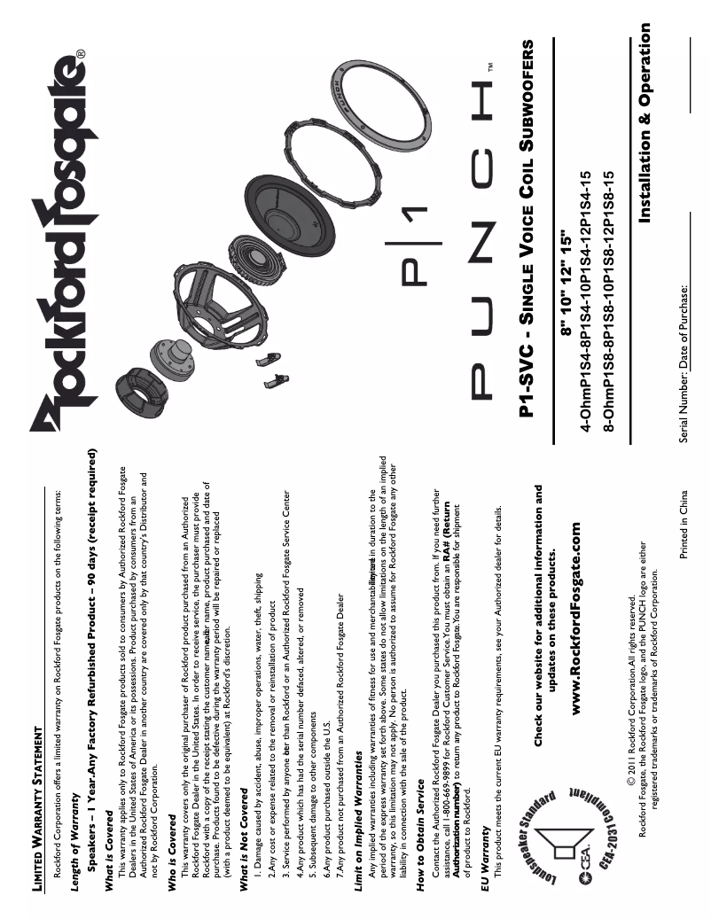 Page n°1 - Manuel utilisateur Rockford Fosgate Punch P1S8-15
