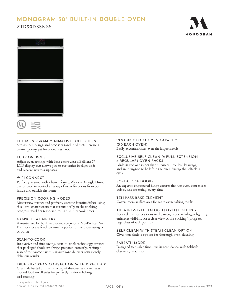 Page n°1 - Fiche technique Monogram ZTD90DSSNSS