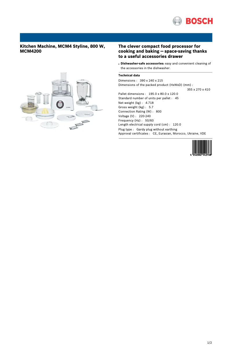 Page 1 de la notice Fiche technique Bosch MultiTalent MCM4200