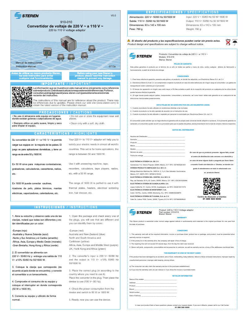 Page n°1 - Manuel utilisateur Steren 910-010