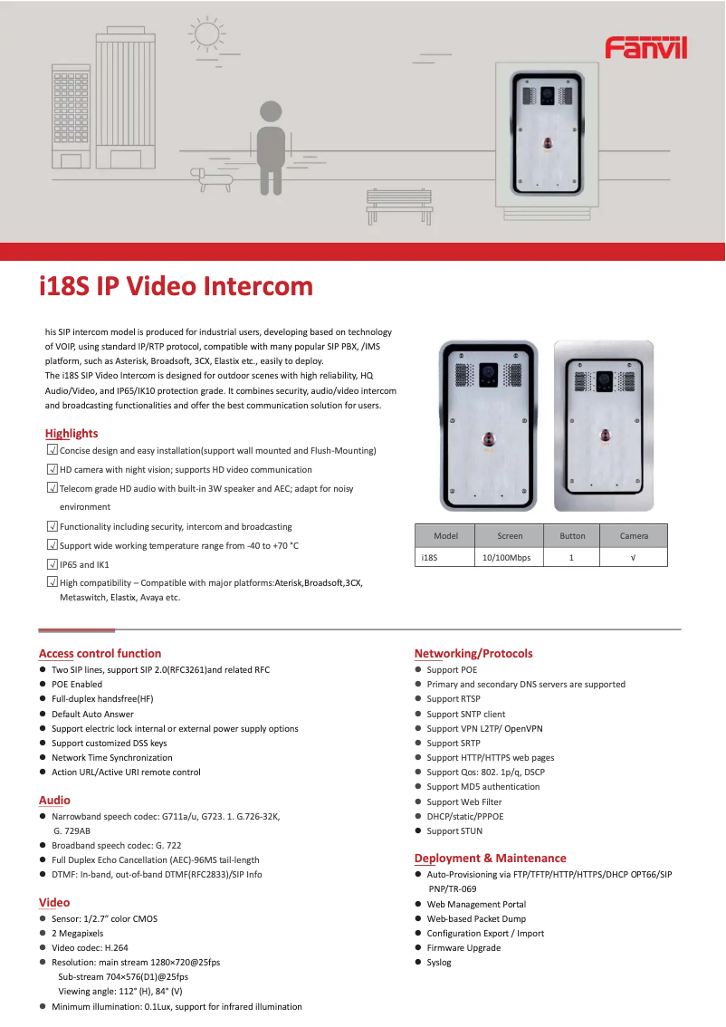 Page 1 de la notice Fiche technique Fanvil i18S
