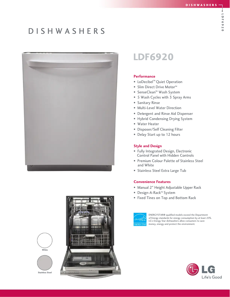 Page 1 de la notice Fiche technique LG LDF6920ST