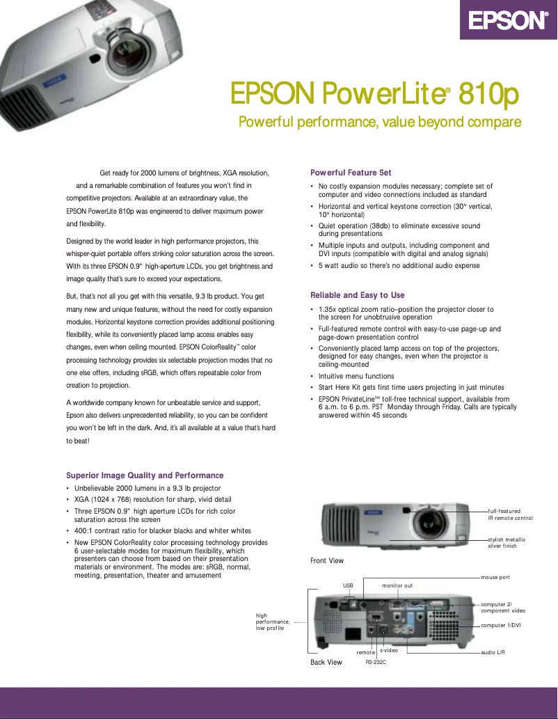 Imagen de la primera página del manual del dispositivo PowerLite 810p