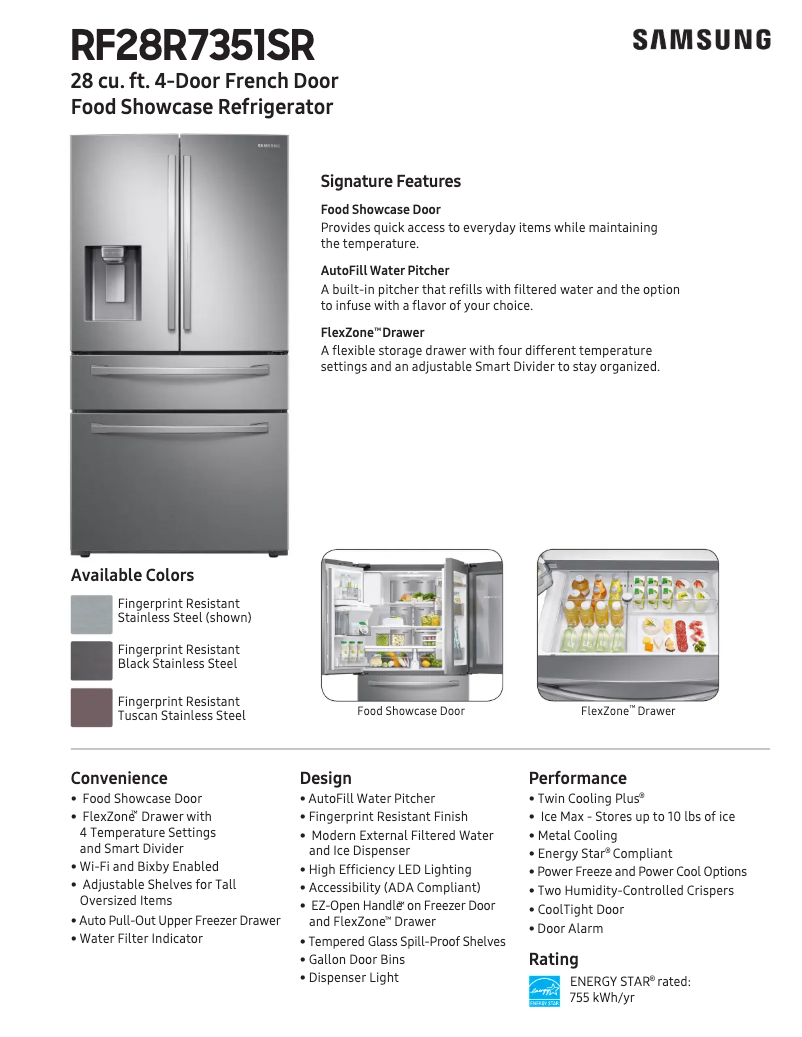 Page 1 de la notice Fiche technique Samsung RF28R7351SR