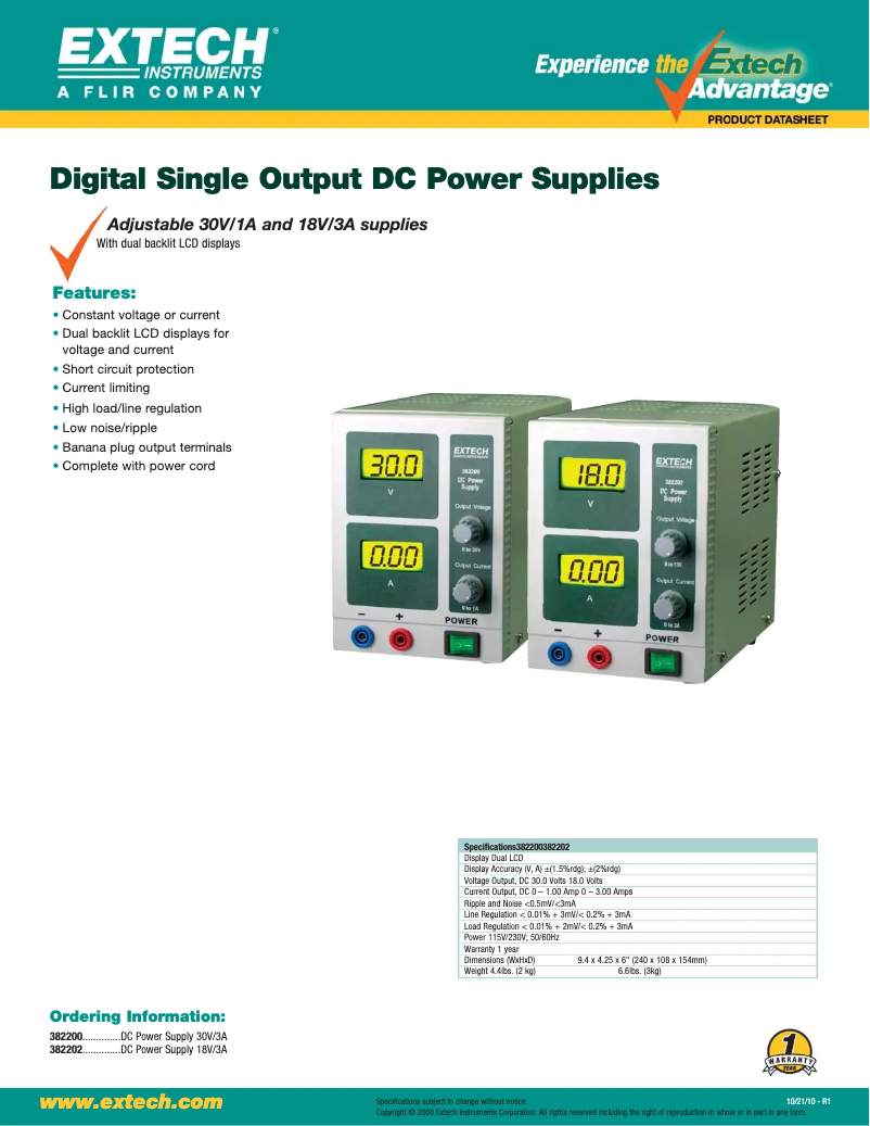 Page 1 de la notice Fiche technique Extech 382200