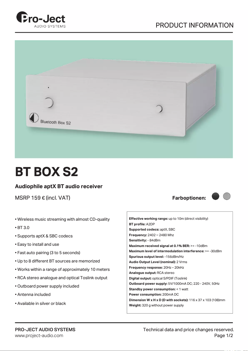 Page 1 de la notice Fiche technique Pro-Ject BT Box S2