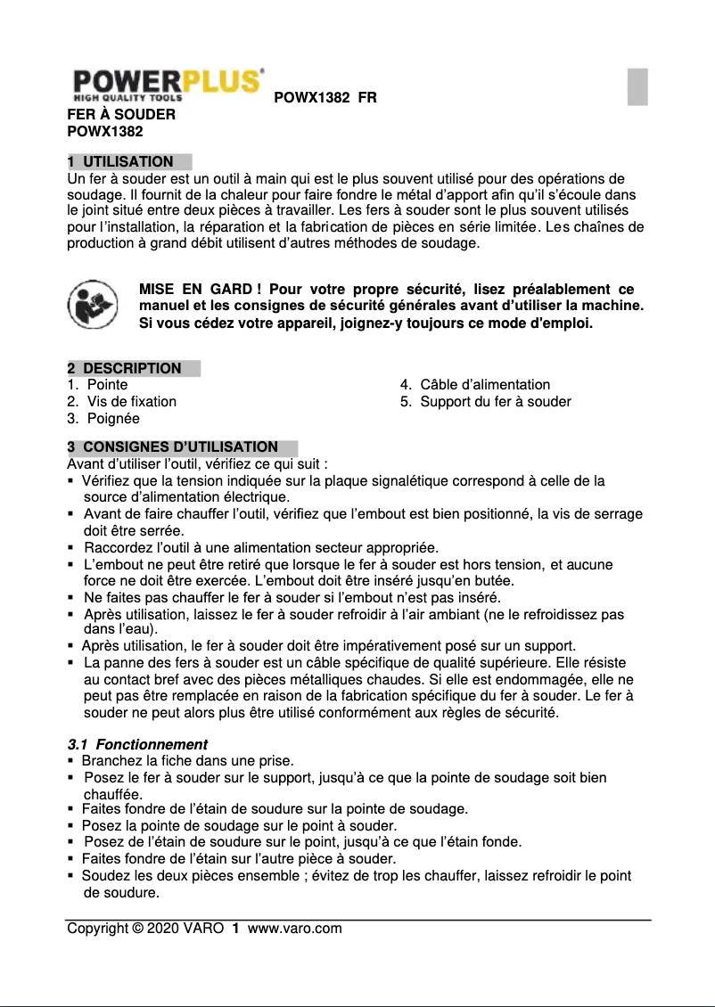 Page 1 de la notice Manuel utilisateur PowerPlus POWX1382