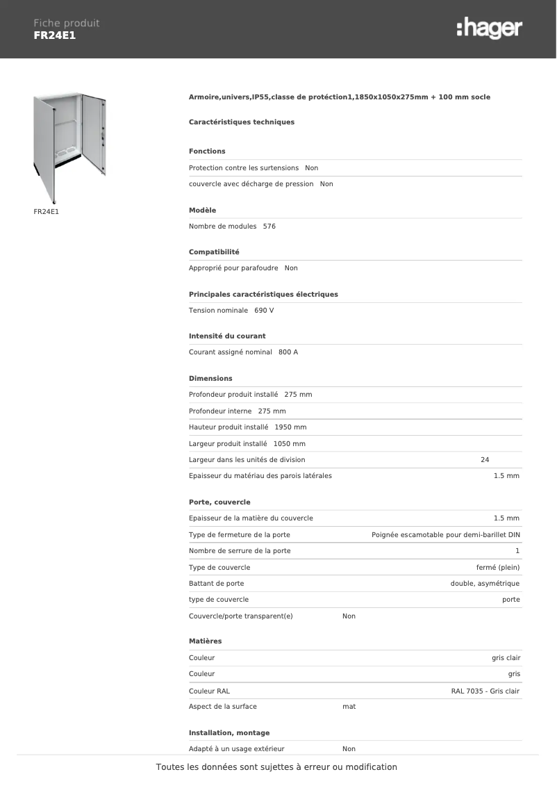 Page n°1 - Fiche technique Hager FR24E1