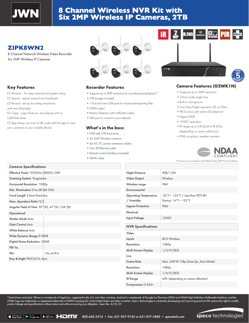 Page 1 de la notice Fiche technique Speco Technologies ZIPK8WN2