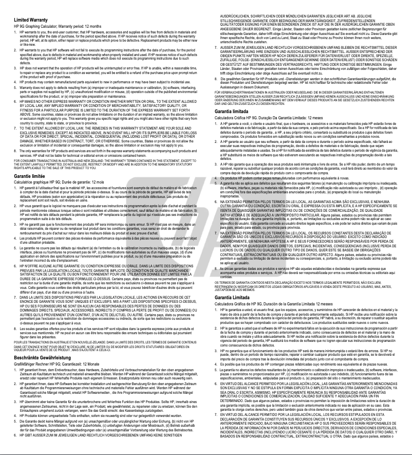 Page 1 de la notice Informations de garantie HP 9G