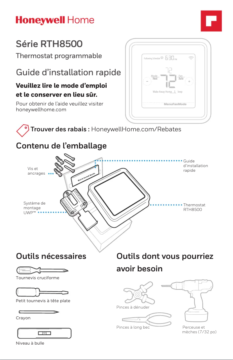 Page 1 de la notice Guide d'installation Honeywell RTH8560D1008/E