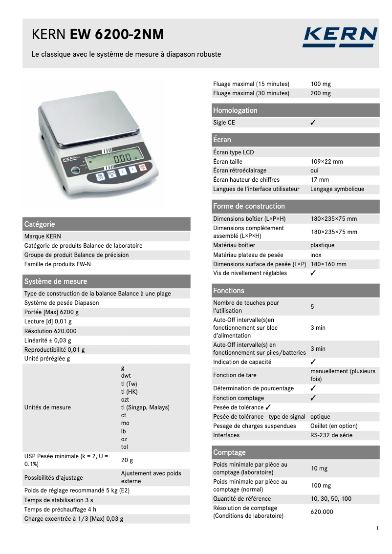 Page 1 de la notice Fiche technique Kern EW 6200-2NM