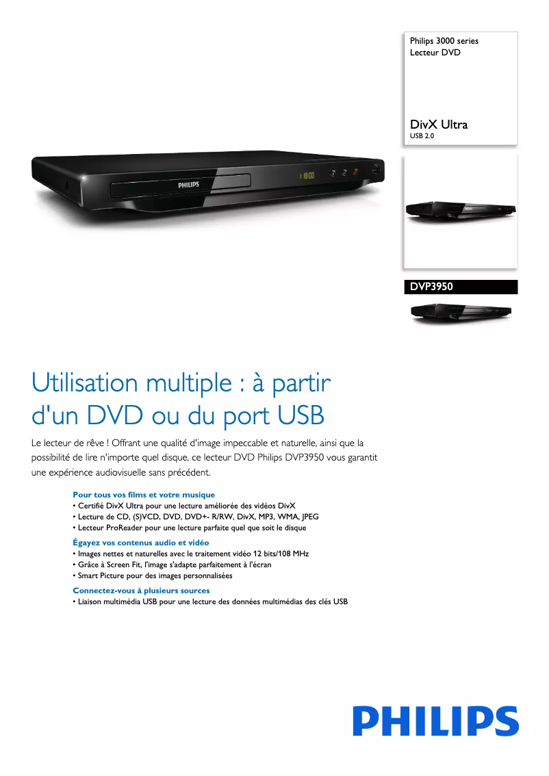 Page 1 de la notice Fiche technique Philips DVP3950