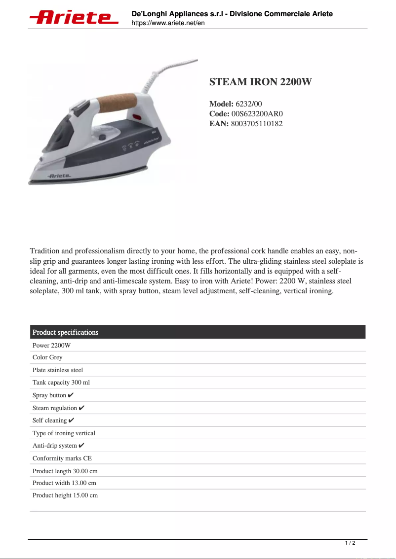 Page 1 de la notice Fiche technique Ariete 6232