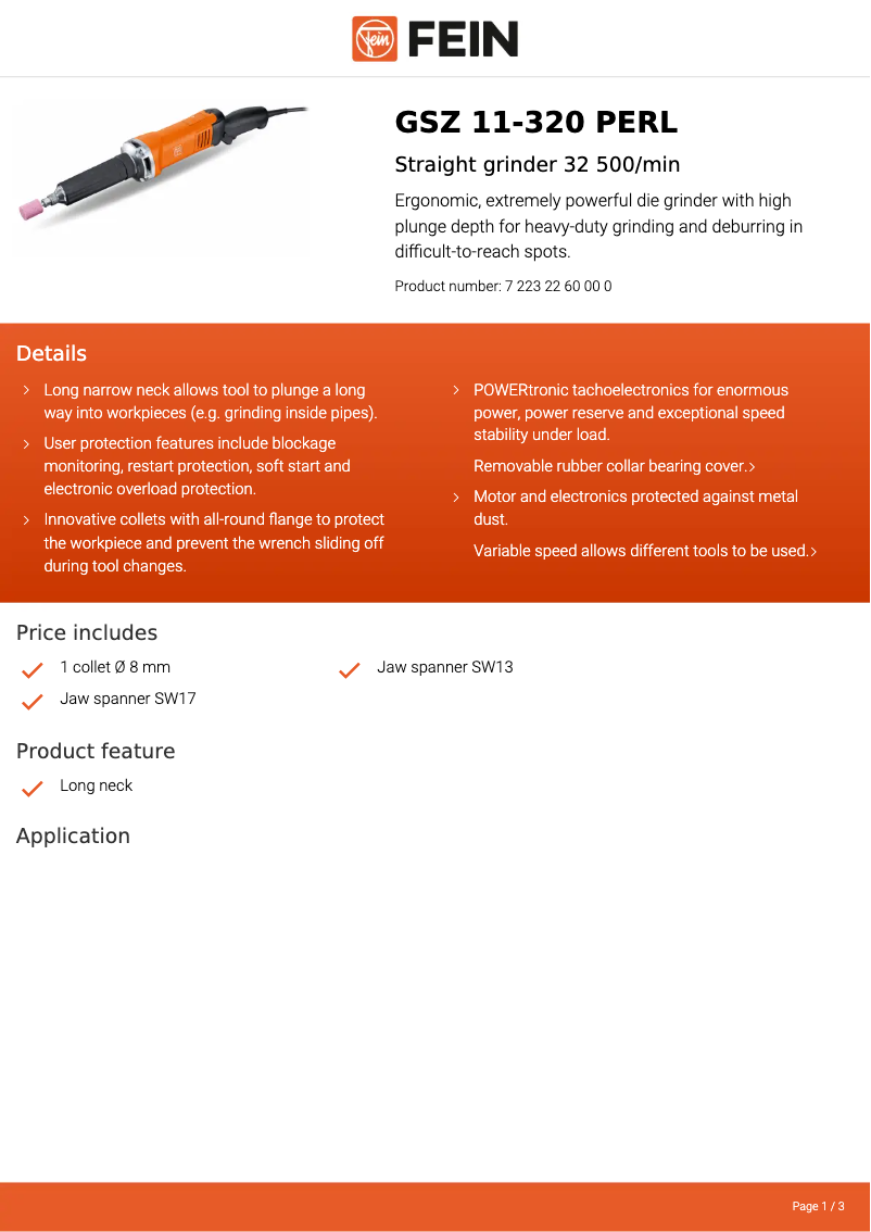 Página 1 del manual Ficha técnica Fein GSZ 11-320 PERL