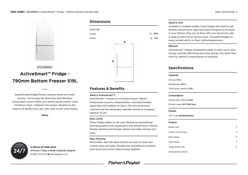 Page 1 de la notice Fiche technique Fisher & Paykel E522BRE5