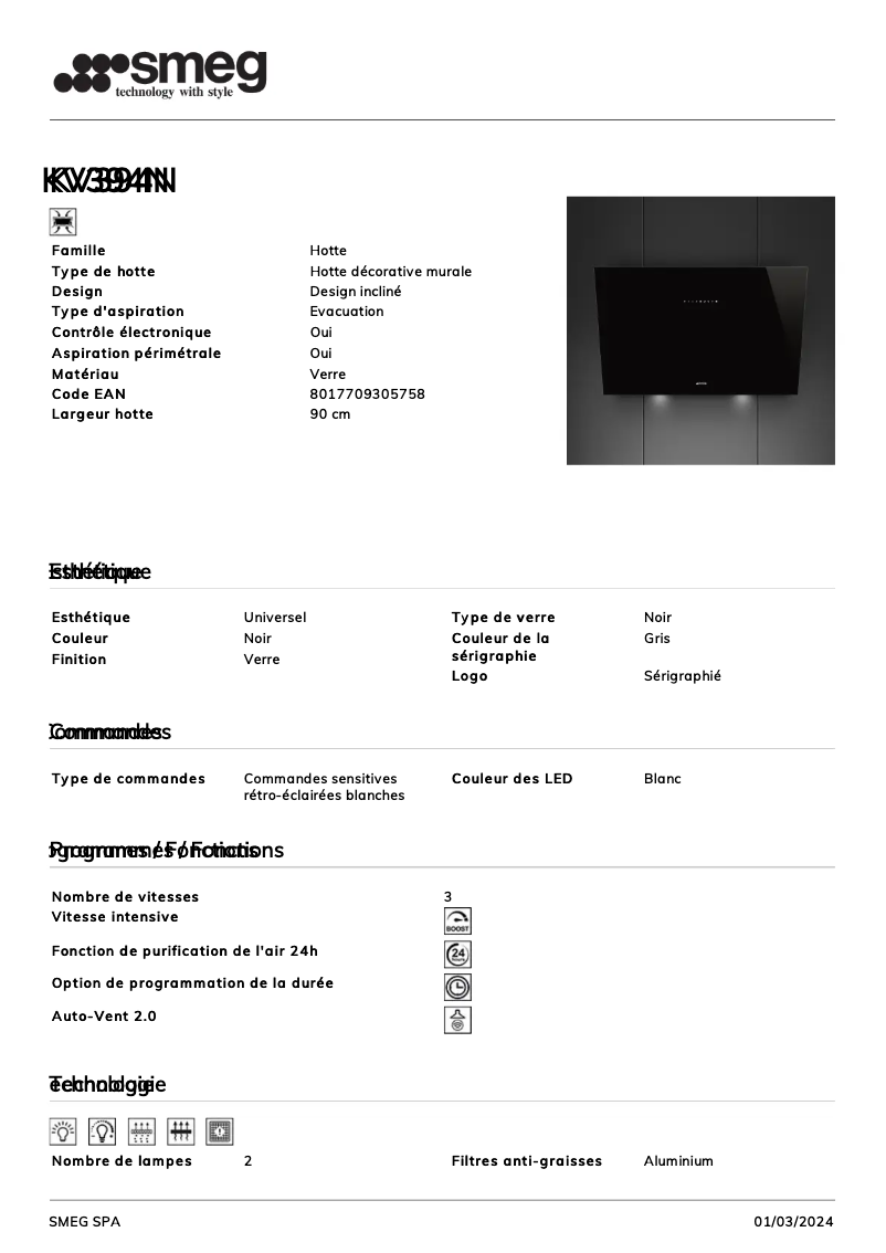 Page n°1 - Fiche technique Smeg KV394N
