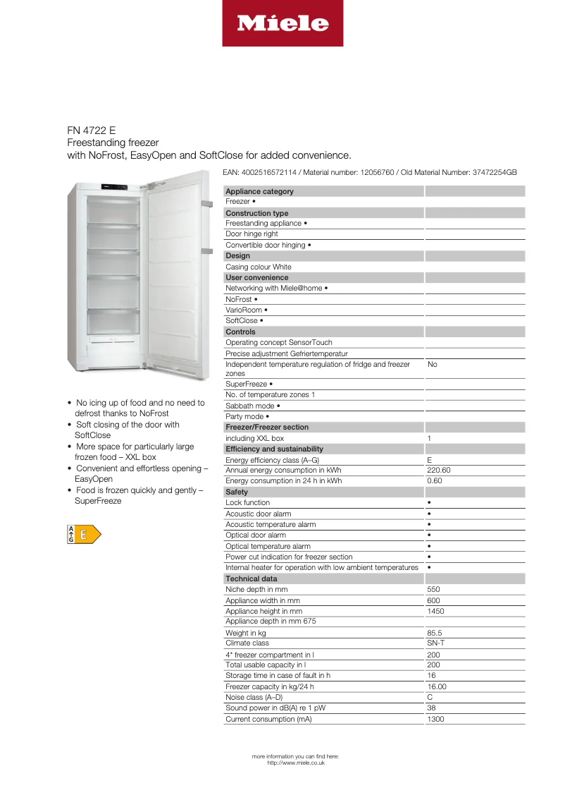 Page 1 de la notice Fiche technique Miele FN 4722 E