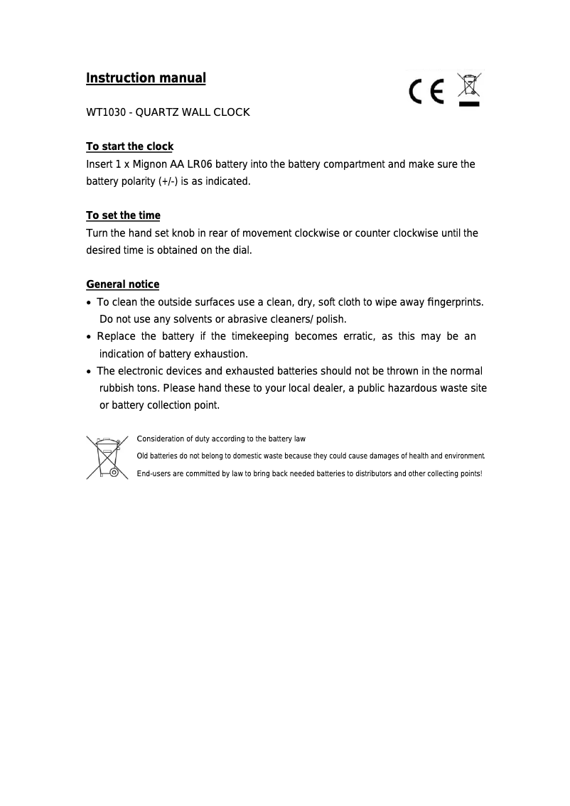 Page n°1 - Manuel utilisateur Techno Line WT 1030