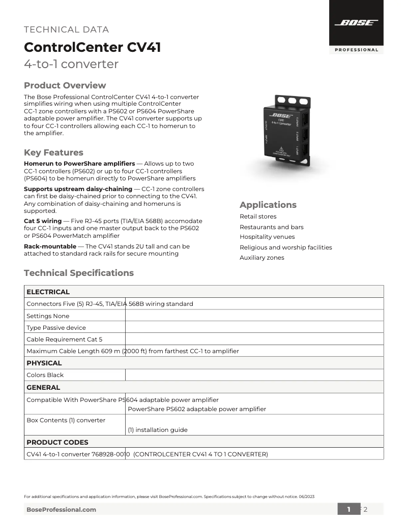 Page 1 de la notice Fiche technique Bose ControlCenter CV41