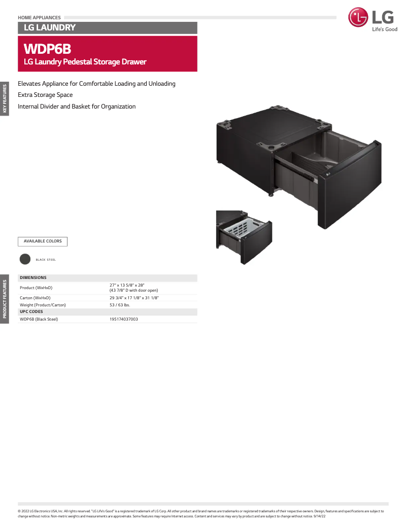 Page 1 de la notice Fiche technique LG WDP6B