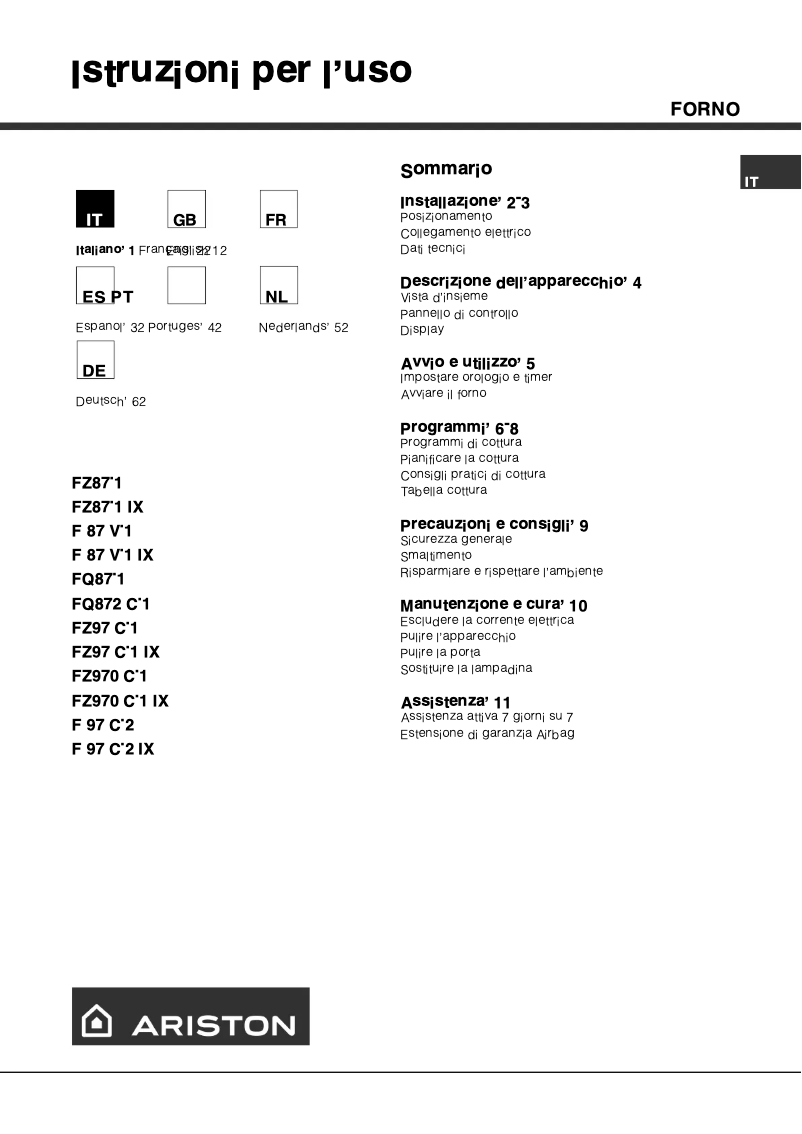 Page n°1 - Manuel utilisateur Ariston Thermo F 87 V.1