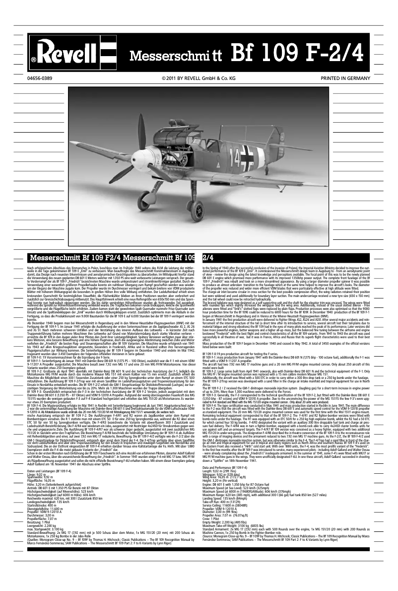 Page n°1 - Manuel utilisateur Revell Messerschmitt Bf109 F-2/4