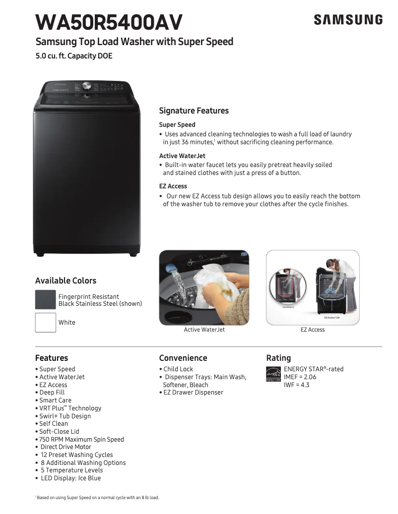 Page 1 de la notice Fiche technique Samsung WA50R5400AV