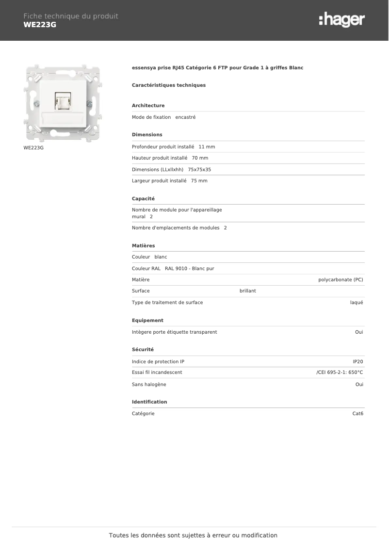 Page n°1 - Fiche technique Hager WE223G