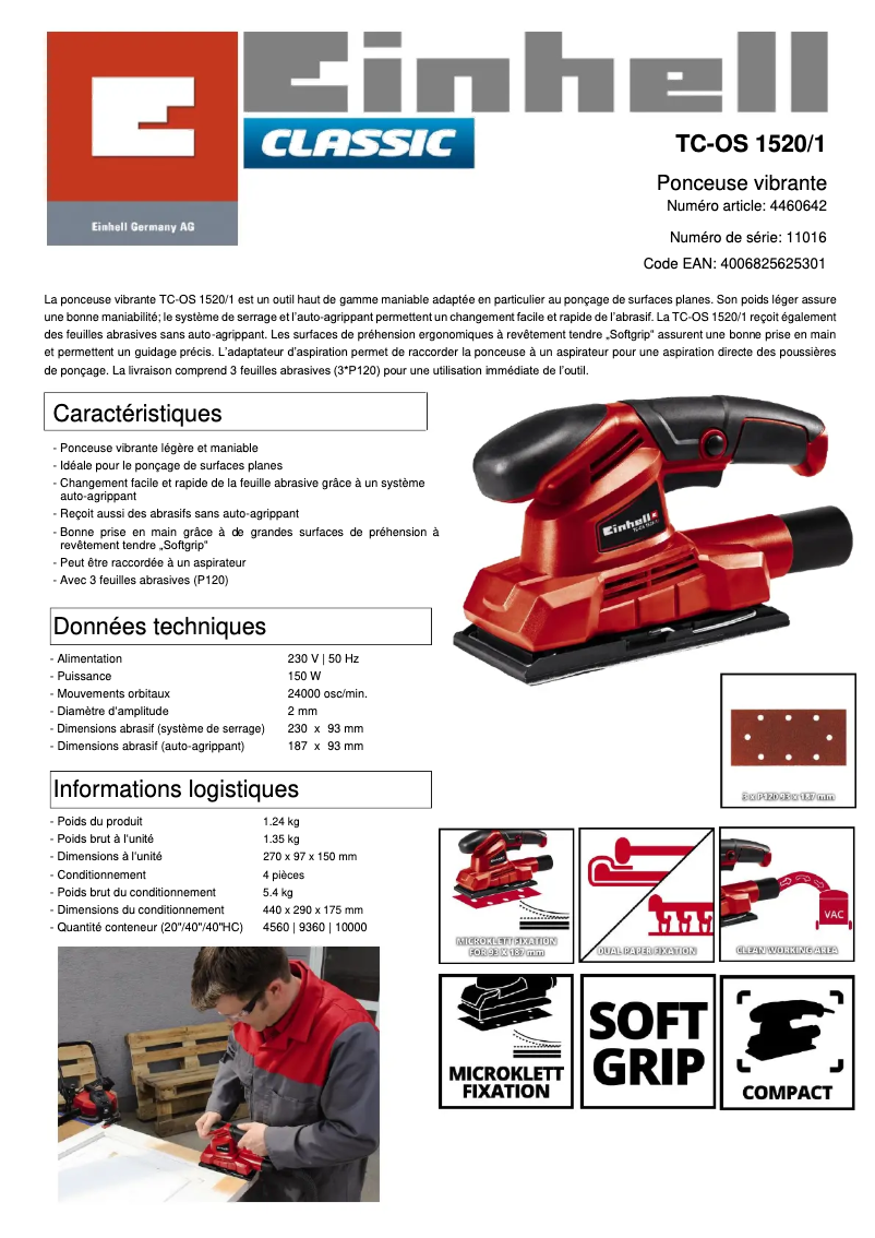Page 1 de la notice Fiche technique Einhell TC-OS 1520/1