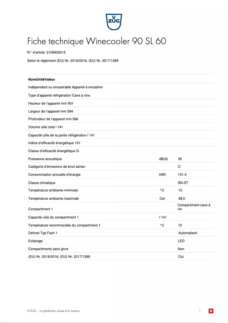Page n°1 - Fiche technique V-Zug Winecooler 90 SL 60