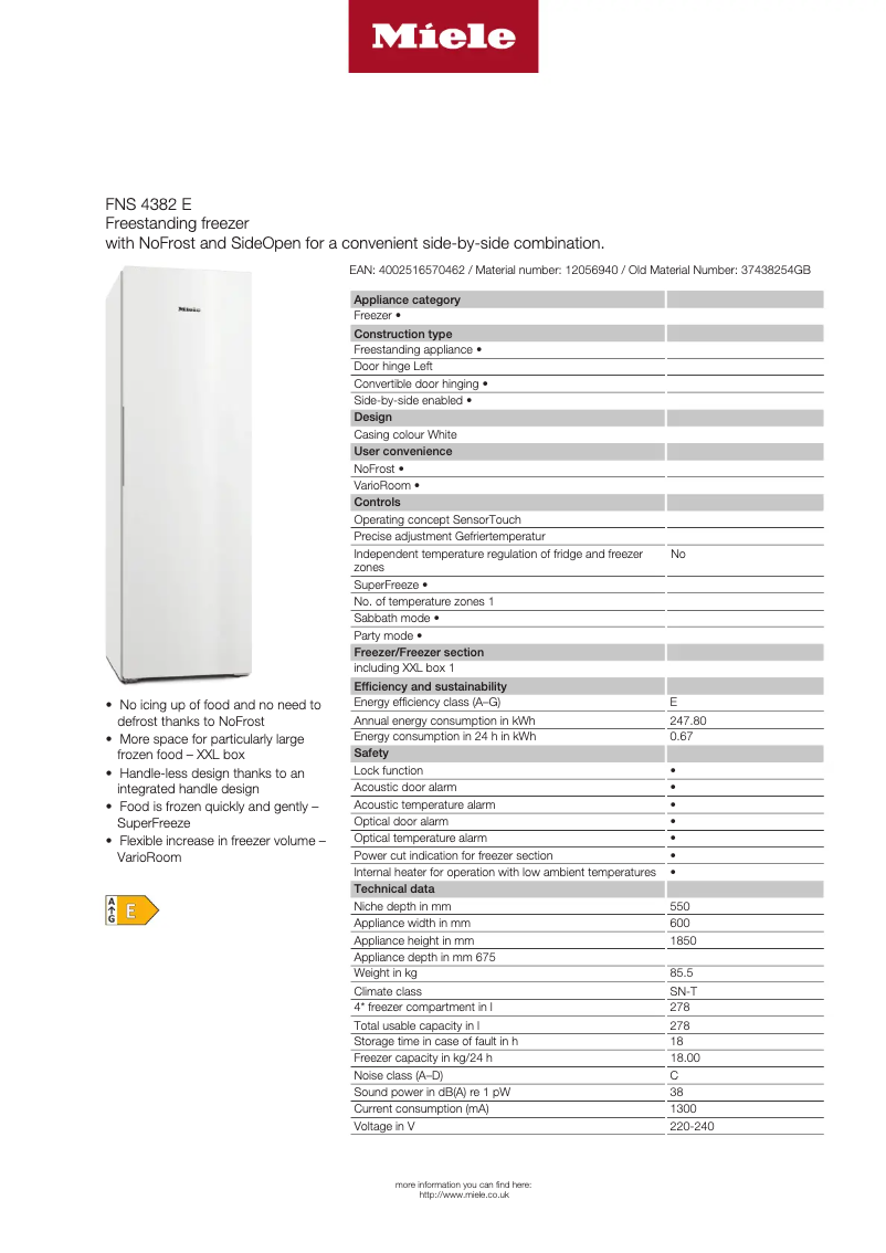 Page 1 de la notice Fiche technique Miele FNS 4382 E