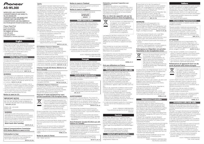 Page 1 de la notice Manuel utilisateur Pioneer AS-WL300