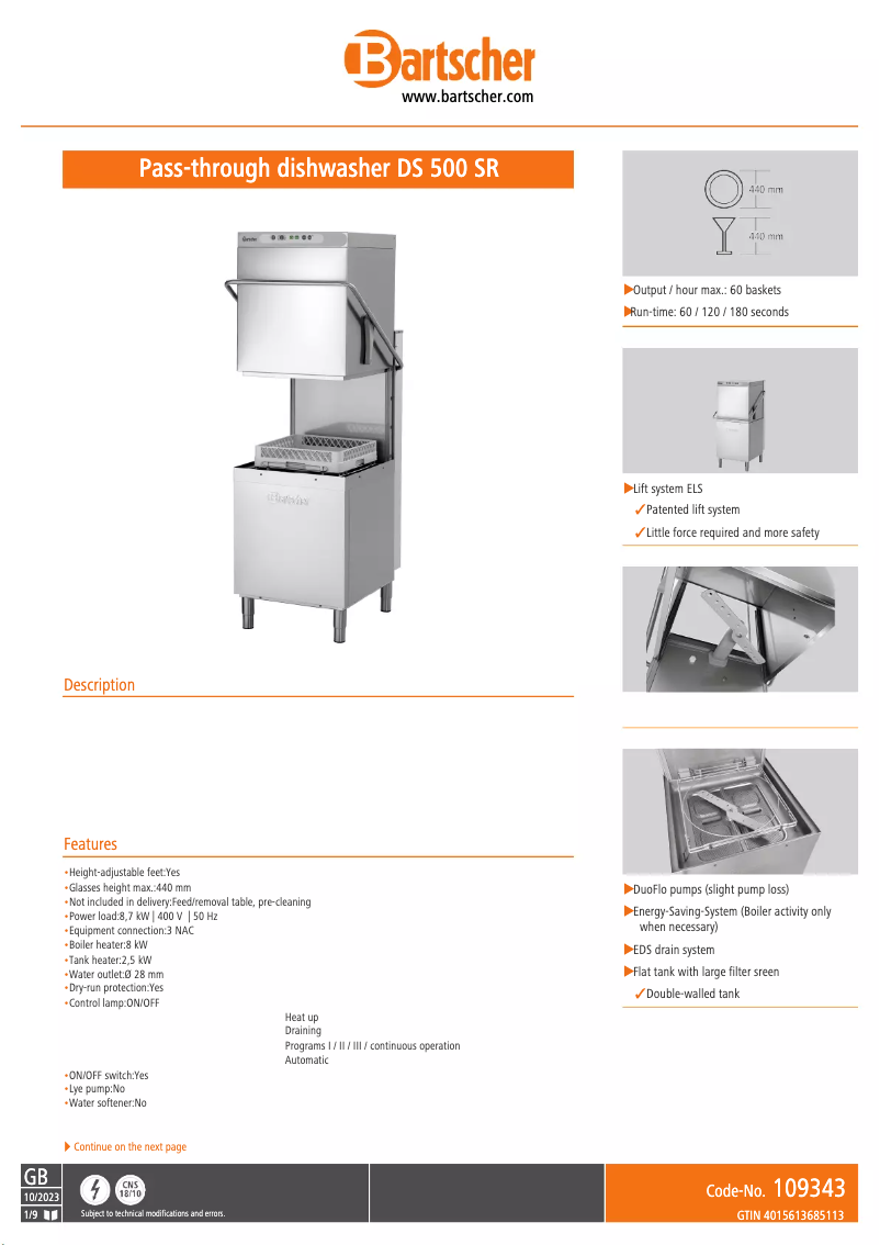 Page n°1 - Fiche technique Bartscher DS 1003